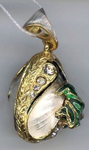 Russian Faux Silver Egg Pendant, w/FROG, gold lines, clear w/crystals - £51.13 GBP