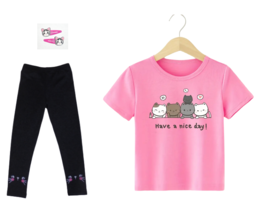 NWT Toddler Girls Kitty Cat Heather Black Leggings Pink Tee Hair Clips 5T  NEW - £15.62 GBP