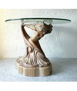 Hand-Carved Woman Nymph Wooden Sculpture Glass-Top Side Table 21&quot; High - £753.85 GBP