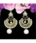 BIG Faux PEARL Beaded Vintage EARRINGS Rhinestone Purple Enamel Goldtone 3&quot; - $17.81