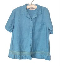 Vintage Erin London Silk Linen Blend Size M Tunic Top Button Up Blue Sti... - £13.41 GBP