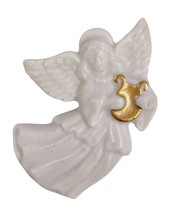 Vtg LENOX Christmas Pin / Brooch White Ceramic ANGEL Playing Gold Enamel Harp 2&quot; - £7.04 GBP