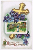 Easter Postcard Embossed Farm Lady Violets Cross  - £1.69 GBP
