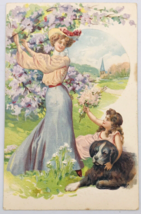 Antique 1908 Embossed Lady &amp; Child w/ Dog Purple Floral Postcard - £9.58 GBP