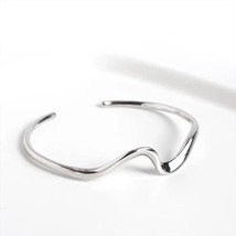 14K White Gold Over Plain Silver Open Wave Curved 4MM Cuff Bangle Bracelet 7&quot; - £206.61 GBP