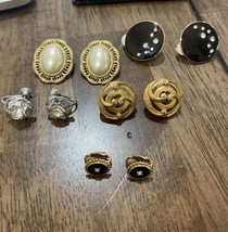 Vintage Lot 5 Pairs Gold Black Clip Earrings Crown Trifari pearl Rhinestone - £26.14 GBP