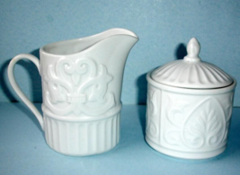 Gorham Bavaro White Sugar Bowl &amp; Creamer Embossed Floral Scroll &amp; Rib New No Box - $29.60