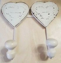 Bonheur &quot;Happiness&quot; 2 Hooks Shabby Chic Distressed White Hearts Wall Hangers FS - £22.56 GBP