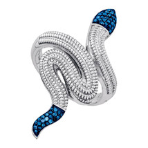 Sterling Silver Round Blue Color Enhanced Diamond Serpent Snake Fashion Ring - £103.75 GBP