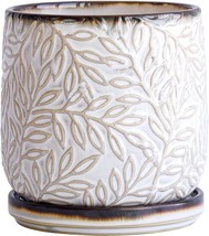 Stoneware Planter Pot With Saucer And Drainage Hole, 4 Inch, Embossed Leaves,, 1 - £27.59 GBP