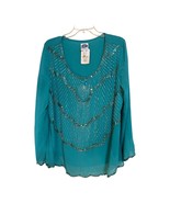 DG2 by Diane Gilman Women’s L Turquoise Beaded Sheer Blouse – Long Sleeve, NWT - $27.00