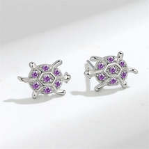 Purple Cubic Zirconia &amp; Silver-Plated Turtle Stud Earrings - £11.08 GBP
