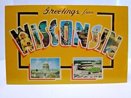 Greetings From Wisconsin Large Big Letter Postcard Stadium Buildings Unused - $19.24