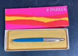 Parker Jotter Teal &amp; Stainless Ballpoint Pen w/Brass Threads w/Pink Box 1970&#39;s - £19.41 GBP