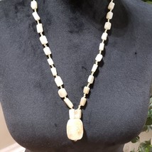 Vintage Womens Chunky Carved Scarab Beetle White Soap Stone Beaded Necklace - £21.43 GBP