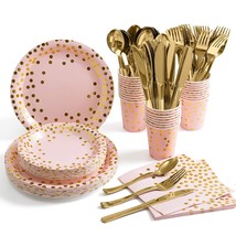 Pink And Gold Party Supplies  Disposable Dinnerware Set Serves 25 Gold Dots On P - £35.27 GBP