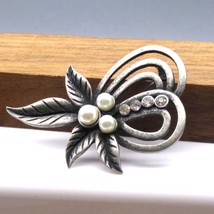 Vintage Pewter and Pearl Brooch, Botanical Pin with Silver Swirls and Le... - £20.11 GBP