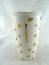 2014 Starbucks Coffee Tumbler Mug Gold Polka Dot  Travel Ceramic with Lid - $19.79