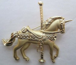 Carousel Unicorn Horse Brooch Pin Gold Tone Vintage 1980s 2 1/2 inches Tall - £12.01 GBP