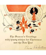 C1940s Christmas Greeting Card Used Embossed Red Black Holly Mistletoe E85G - $19.99