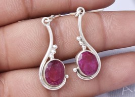 Handmade Sterling Silver Ruby Gemstone Artisan Dangle Earrings Women Casual Wear - £46.52 GBP