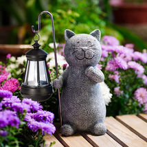 Solar Garden Statue Cat Figurine- Garden Art with Solar Lantern, Loving Cat for - £34.89 GBP