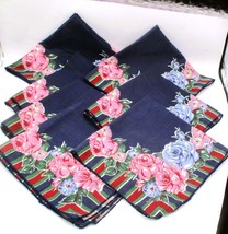 Set Of 7 Vtg Retro Floral Handkerchiefs With Cabbage Roses Striped Borde... - $6.93