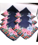 Set Of 7 Vtg Retro Floral Handkerchiefs With Cabbage Roses Striped Borde... - $129.46 MXN