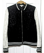 Say What Women Girl Varsity Jacket Black White Lace Zip Front Long Strip... - $25.73 CAD