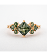 Princess Cut Moss Agate Ring Engagement Ring With Moissanite Rose Gold Ring - $400.00+