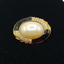 Vintage Gold and Black Faux Pearl Centered Brooch with Clear Rhinestone ... - $12.86