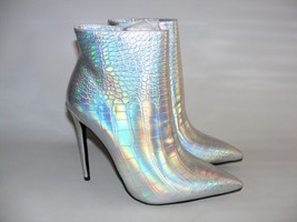 CEVARISAI Size 10 M Metallic Silver Stiletto 4&quot; Heels Bootie Boots Croc ... - £17.90 GBP