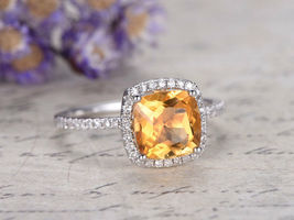 2.15Ct Brilliant Cushion Cut Citrine Halo Engagement Ring 14K White Gold Finish - £58.68 GBP