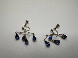 Vintage Gold Blue Rhinestone Chandelier Dangle Earrings 2cm - £11.07 GBP