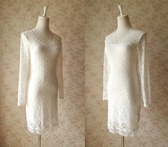 Ivory White Long Sleeve Lace Dress Outfit Women Custom Plus Size Lace Midi Dress image 4