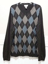 Banana Republic Silk Cashmere Argyle Sweater Mens Xl V Neck Charcoal Grey Blue - £14.05 GBP