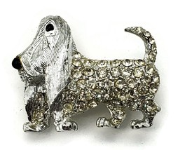 Vintage Brooch Dog Basset Hound Silver Tone With Rhinestones - £15.64 GBP
