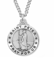 Sterling Silver Round St Peter Patron Of Fishermen Medal Necklace &amp; Chain - £71.93 GBP