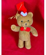 Vintage Brown Flocked Bear Xmas Ornament 4&quot; Tall Red Santa Hat Red Bow Tie - $127.15 MXN