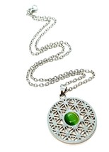 Cats Eye Flower of Life Necklace Pendant Green Silver Plated 18&quot; Chain Spiritual - £7.60 GBP