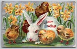 Easter Greetings Embossed 1910 Holiday Silver Foil Postcard Antique Bunny Chicks - £22.79 GBP