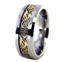 Gold Celtic Dragon Tungsten Ring Black Carbon Fiber Viking Wedding Band Sz 6-15 - £16.02 GBP