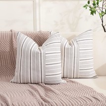 Set Of 2 Gray Linen Striped Patchwork Decorative Throw Pillows 18 X 18 For - £30.78 GBP