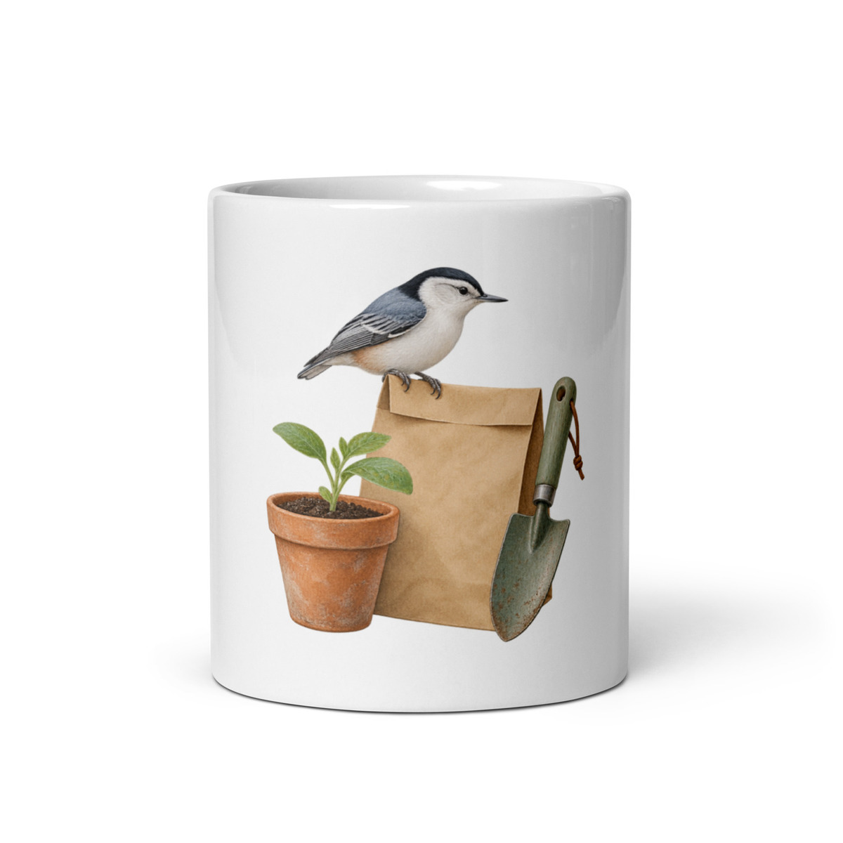 Supplier digital mockup of our Nuthatch Garden mug, showing a bird above a seed packet beside a seedling and trowel