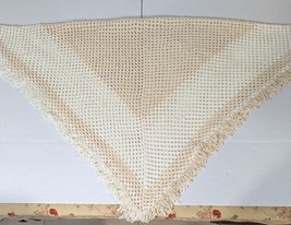 VTG Shawl Wrap Scarf Crochet Knit Afghan Handmade Cream Peach Fringe Sparkle 48&quot; - £35.52 GBP
