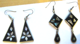 Vintage  Mexico Sterling Silver Inlaid Mother of Pearl Drop Earrings x2 - $28.45