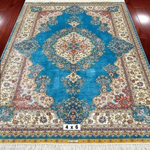 4&#39; x 6&#39; Blue Persian Rug Pure Silk Oriental Handmade Hand-knotted Estate Carpets - £959.22 GBP