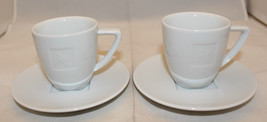 Nespresso Demitasse Espresso Mug Cups Saucers White Embossed Logo Set of 2 - $42.69