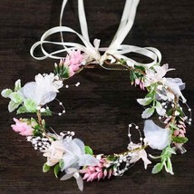 Pink White Hair Wreath Floral Wrap Tiara Boho Natural Ribbon Pearl NEW - £10.81 GBP