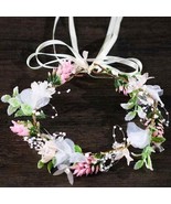 Pink White Hair Wreath Floral Wrap Tiara Boho Natural Ribbon Pearl NEW - £10.57 GBP